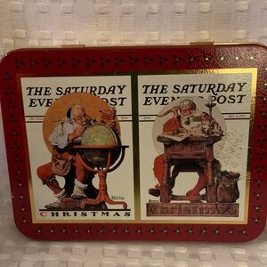 2 sealed decks of Norman Rockwell Christmas themed playing cards in festive tin.